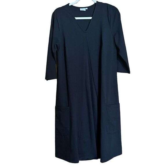 eShakti Dresses & Skirts - eShakti Midi Dress Womens Large 14 Black Solid Stretch V Neck Pockets Ladies